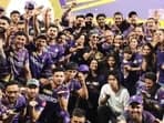 Shah Rukh Khan with the KKR team after they won the IPL.