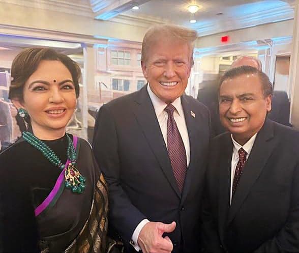 US President-elect Donald Trump (C) with Mukesh (R) and Nita Ambani (L).  (X/@RIL_Updates)