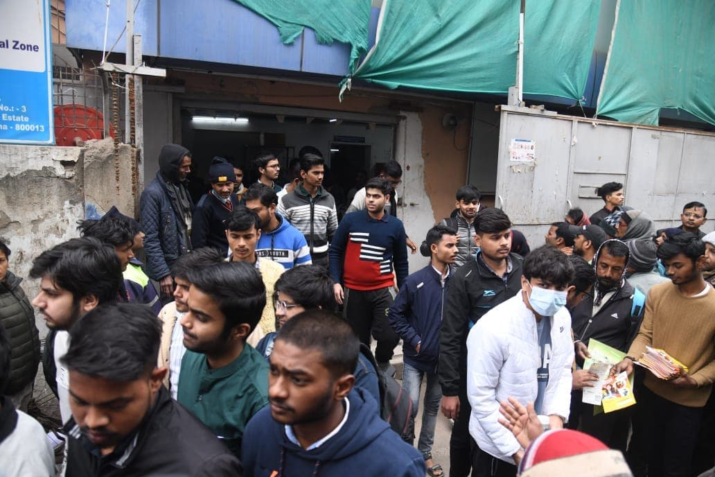 Aspirants coming out after appearing in the JEE Mains exam at an examination centre at Patliputra, Patna.  (Photo by Santosh Kumar)